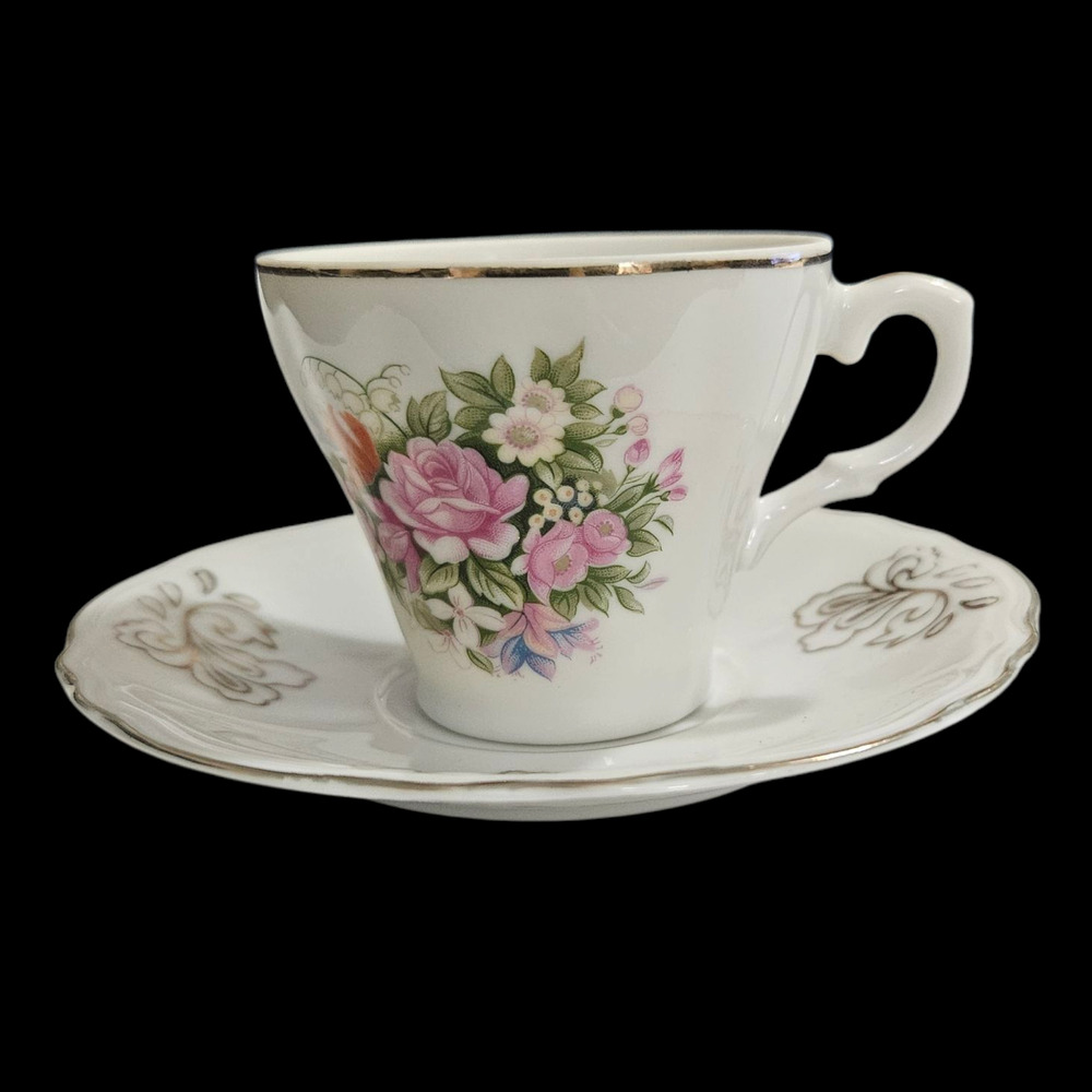Vintage Japan Porcelain Teacup Saucer Floral Rose Gold Trim Crown Mark